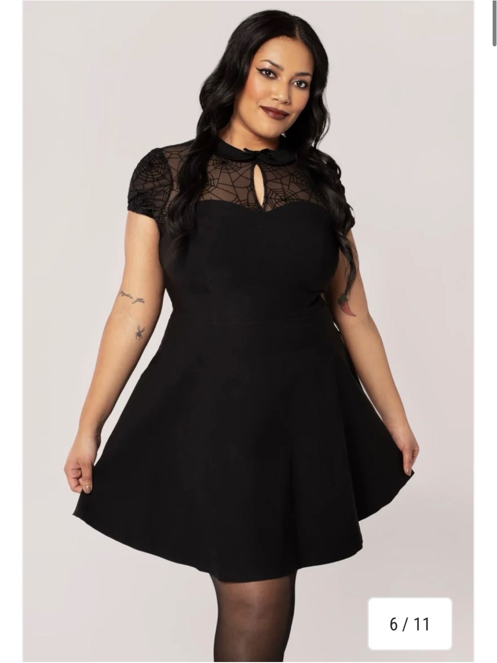 Womens Spider Web Black Fit-and-Flare Dress with Lace Yoke